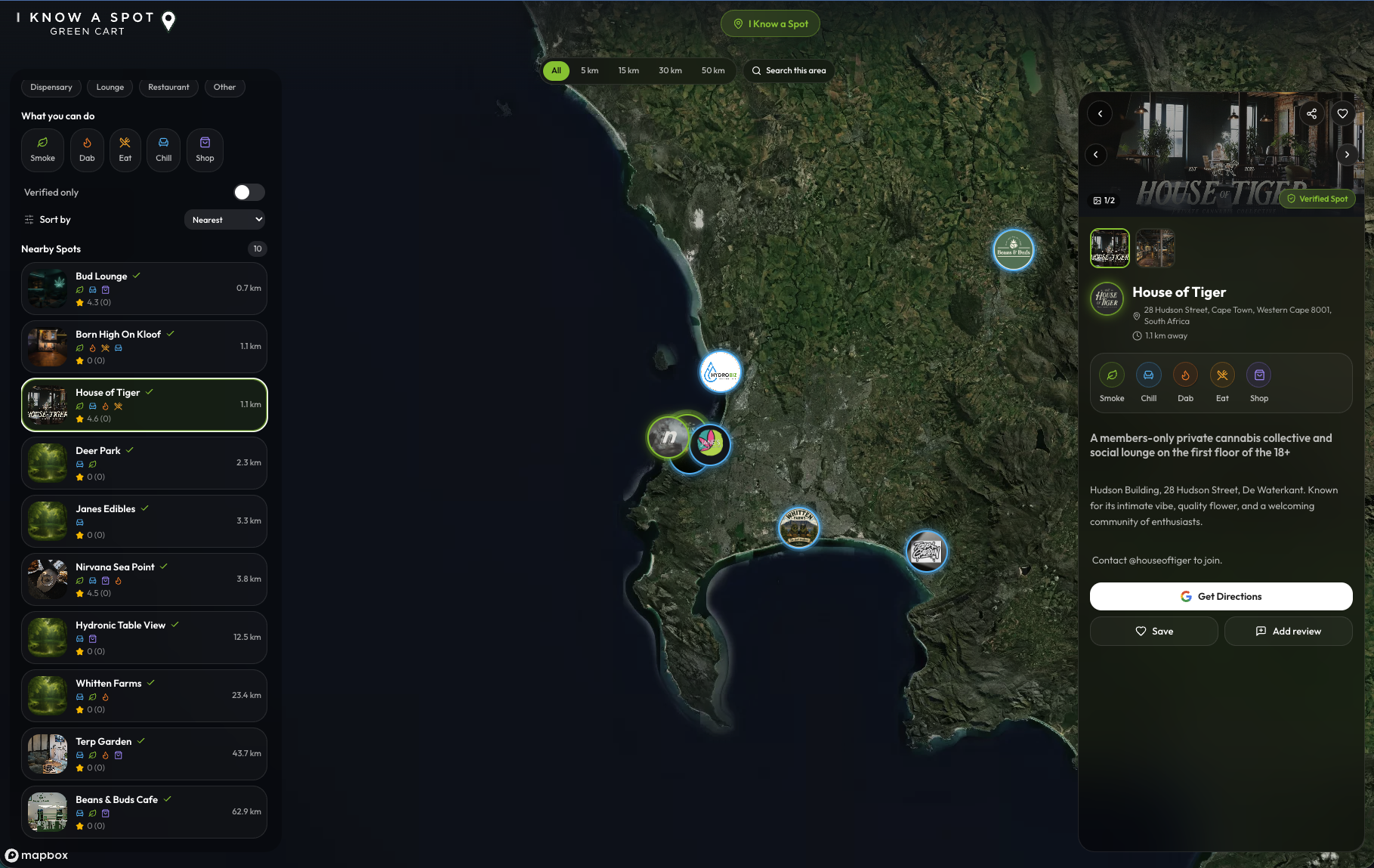 I Know a Spot map of nearby cannabis-friendly places